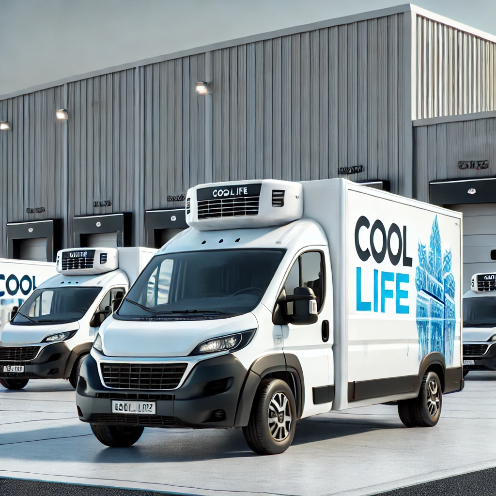 DALL·E-2025-01-27-09.30.41-A-fleet-of-refrigerated-delivery-vans-with-the-Cool-Life-logo-prominently-displayed-parked-in-front-of-a-modern-warehouse.-The-vans-are-sleek-white-1