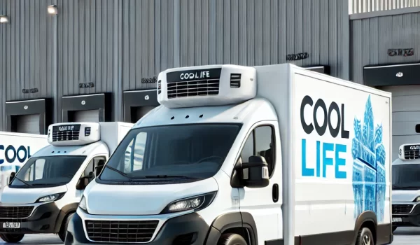 DALL·E-2025-01-27-09.30.41-A-fleet-of-refrigerated-delivery-vans-with-the-Cool-Life-logo-prominently-displayed-parked-in-front-of-a-modern-warehouse.-The-vans-are-sleek-white-1